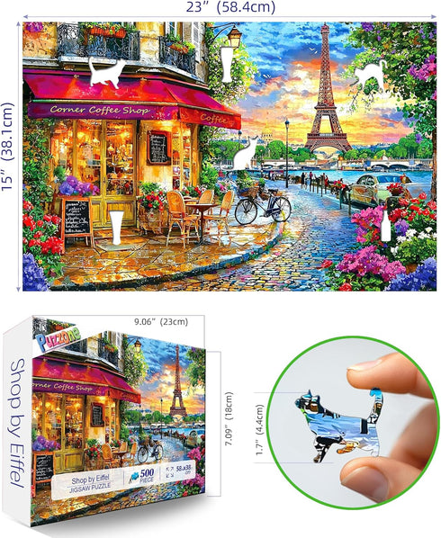 500 Sunset, Back(23" 15") Paris Street Piece Jigsaw Puzzle for Adults & Seniors, Eiffel Tower Cafe Scene Romantic