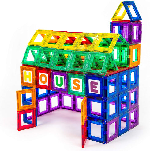 Playmags Magnetic Tile Building Set - 80-Pc. Kit with 40 Clear Color Magnet Tiles & 40 Letters