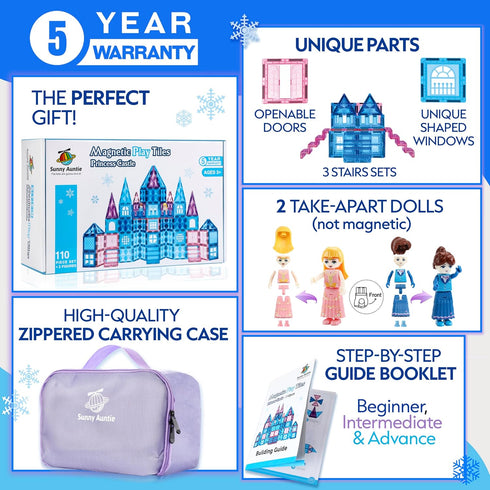 Frozen Magnetic Tiles 110 PCS, Princess Castle Magnetic Blocks, Birthday Gift Ideas for Girls with Carrying Case