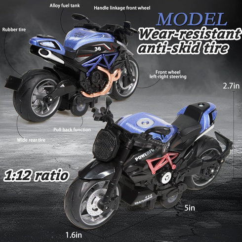 MQDMINI 4-Pack 3-12 Pull-Back Motorcycle Toys - Friction Powered Kids Toy Cars with Lights, Sounds & Automatic Drive