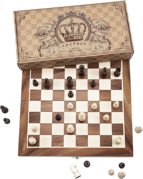 AMEROUS 12" x 12" Magnetic Wooden Chess Set - Kids Age 6+, 2 Bonus Extra Queens, Folding Board with Storage Slots