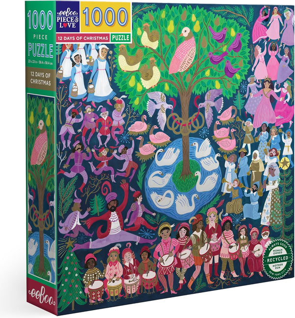 eeBoo Piece & Love: 12 Days of Christmas 1000 Piece Puzzle - Square Adult Holiday Jigsaw, 23x23, Includes Image Insert