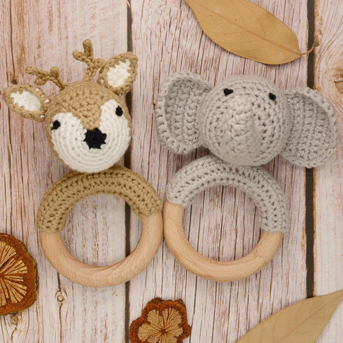 Woodland Friends Baby Rattle Shaker Toy with Wooden Teething Ring, Gray Elephant