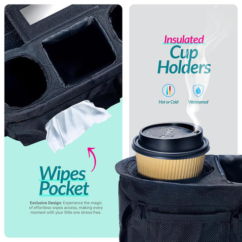 v2 Swanoo Stroller Caddy Organizer With Cup Holder, Non Slip Straps Bag for Phone, Pet Stroller Accessories, Universal