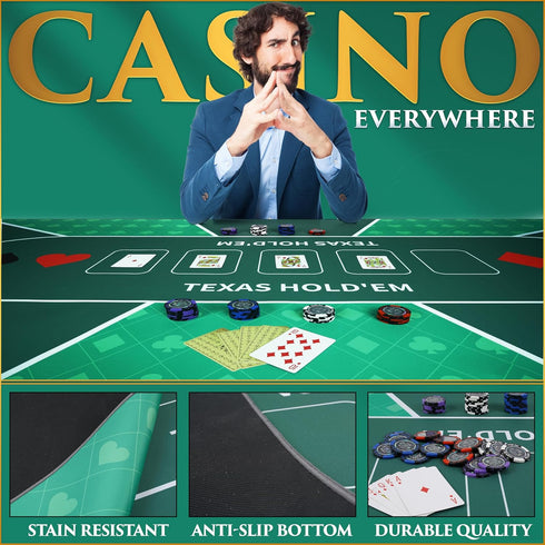 Foldable Poker Table Top Mat - 70" x 35" - Waterproof & Portable with Non-Slip Backing & Zippered Bag
