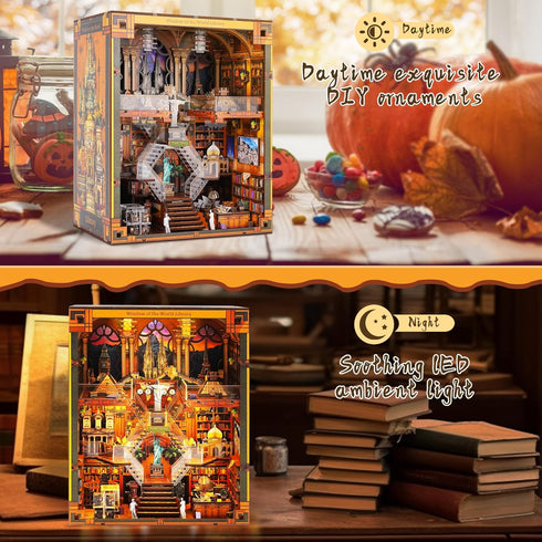 VORATHIS 3D Book Nook Kits for Adults The World Library Booknook Wooden Puzzle with LED Lights Creative Bookshelf