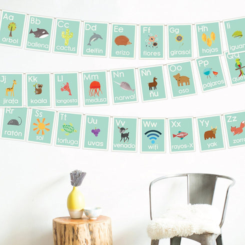 Spanish Alphabet Wall Cards 5x7, Blue Nature, Kid's Room Decor, Nursery Art, Gender Neutral