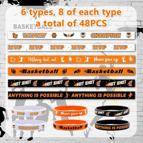 Lesnala 48 PCS Basketball Rubber Bracelets - Motivational Silicone Wristbands for Kids Party Favors