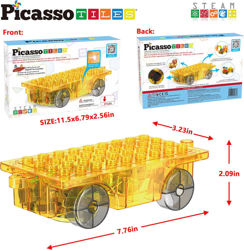 PicassoTiles Magnet Tile Motorized Car Base - Self Turning Omnidirectional Truck with Light and Motor