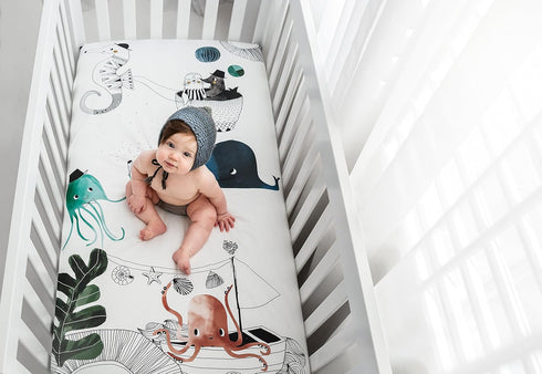 100% (52 28 inches) Rookie Humans Cotton Sateen Fitted Crib Sheet: Underwater Love. Modern Nursery, Use as a Photo