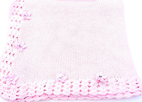 s Knitted Crochet Finihed Pink Cotton Large Baby Blanket With Rhinetone Flower Bud