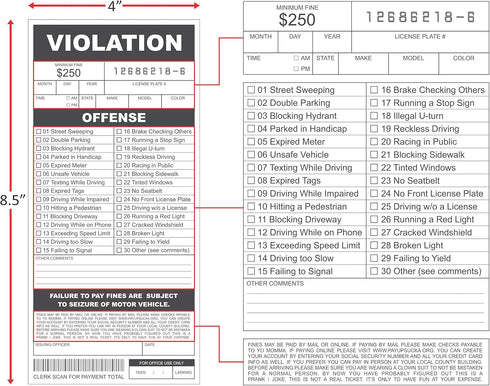 Fake Parking Tickets Prank - Qty 25 Joke Violation Parking Gag, Funny Pretend Police Traffic Citations
