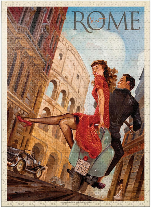 MyPuzzle Italy: Rome by Vespa, Vintage Poster - Premium 1000 Piece Jigsaw Puzzle for Adults