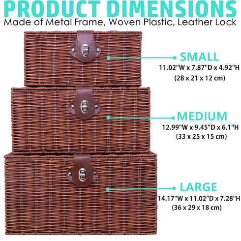 Set of 3 Woven Wicker Storage Baskets with Lid & Lock, Multifunctional Organizer for Nursery, Baby, Clothes