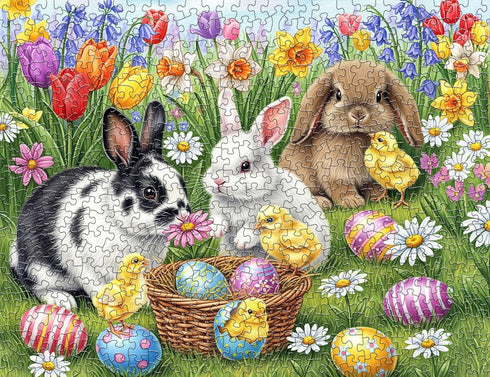 500 Springbok Three Easter Bunnies Piece Jigsaw Puzzle for Adults Poster Now Included - Spring and Floral Unique Cut