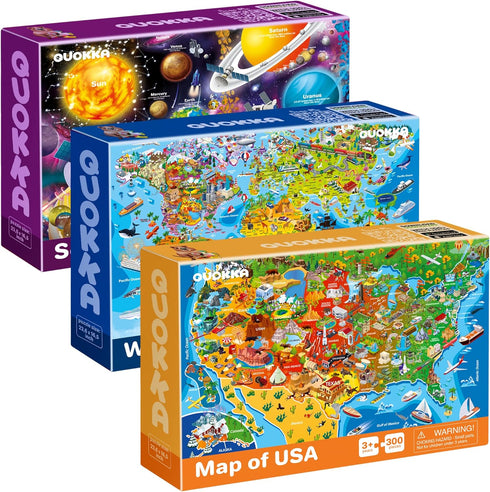 QUOKKA 300 Piece Floor Puzzles for Kids Ages 10-12, 3X Set Learning Space USA and World Maps