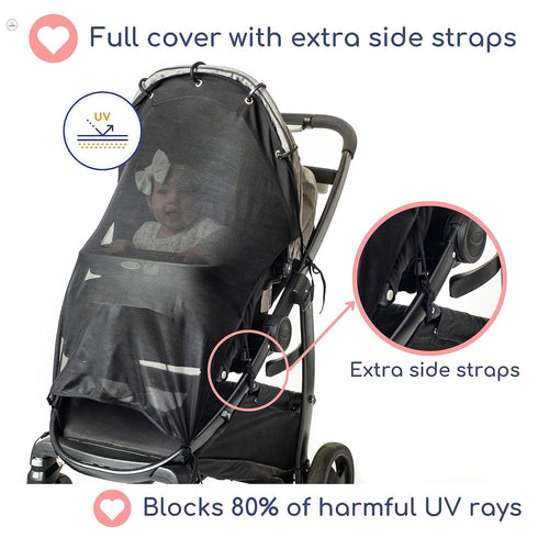 Sun Shade for Strollers (XL Black), Universal Adjustable SPF 30+ Sunshade with See Through Canopy Cover