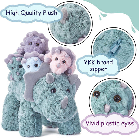 EARTHSOUND Triceratops Dinosaur Stuffed Animal - 18" Cute Small Mommy Plush Toy with Little Babies