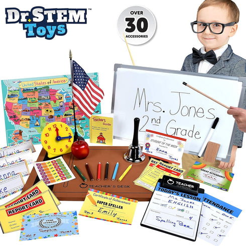 Set 30 Set Dr. STEM Toys - Play Teacher Role-Play Includes Reusable White Board, Bell, Report Cards, for Home