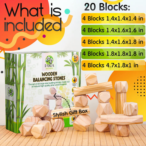 Panda Brothers Wooden Balancing Stones - 20 Large Size Montessori Toys for 3-5 Year Old Kids, Learning Sensory Toy