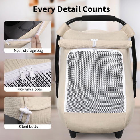 Summer Rquite Car Seat Cover Baby, Carseat Covers Girl Boy, Breathable Muslin Cotton, Large Mesh Window, Infant Car