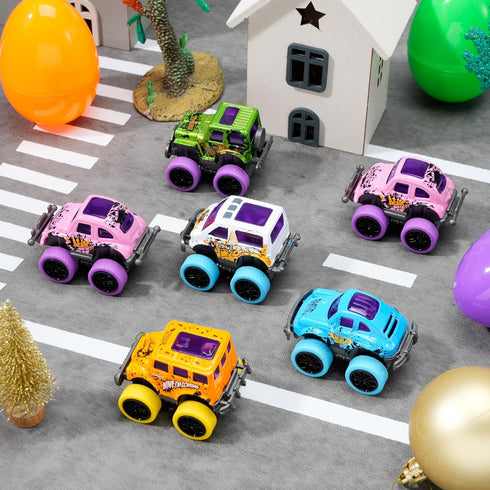 12 JOYIN Pcs Easter Eggs Filled with Pull Back Monster Cars, Easter Trucks Cars for Kids Egg Hunt, Basket Stuffers