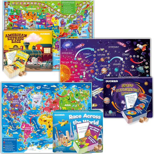 QUOKKA 3X Set Learning Board Games for Kids 6-8 - Educational Trivia Cards Ages 8-12 | Explore Outer Space