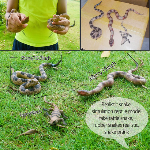 Realistic Fake Rubber Snakes and Lizard Set, Lifelike Reptile Models for Pranks, Garden Decor, Educational Play, 3