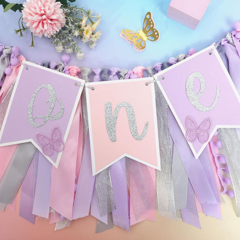 Agvgaza 1st Pink & Purple Butterfly Highchair Banner for Girls - Spring Butterfly One Party Decor & Cake Smash Photo