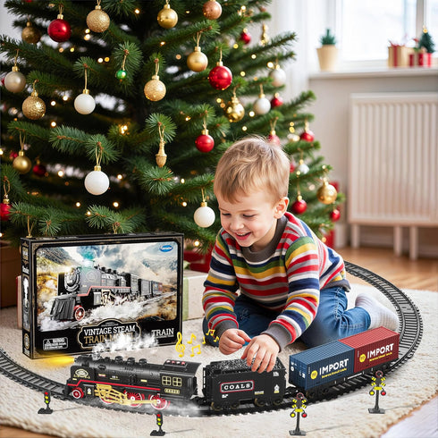 Set 3 4 5 6 7+ Funwee Train for Under Christmas Tree,Electric Train Toy with Smokes,Lights and Sound, Locomotive Train