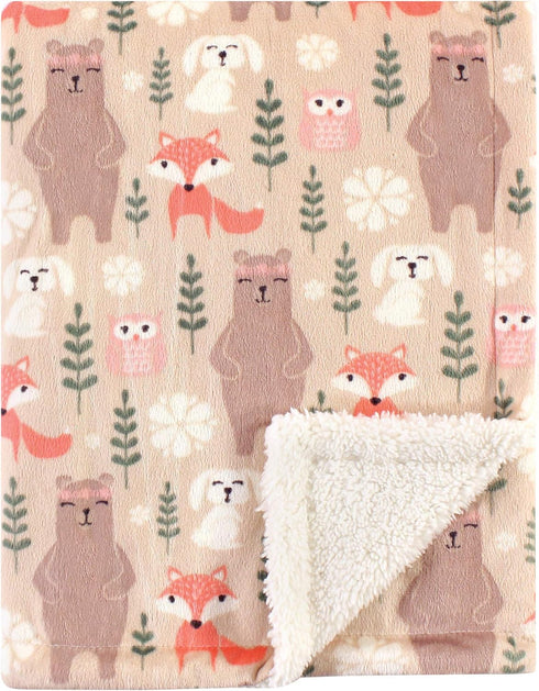 Hudson Baby Unisex Plush Mink and Sherpa Blanket, Girl Forest, One Size