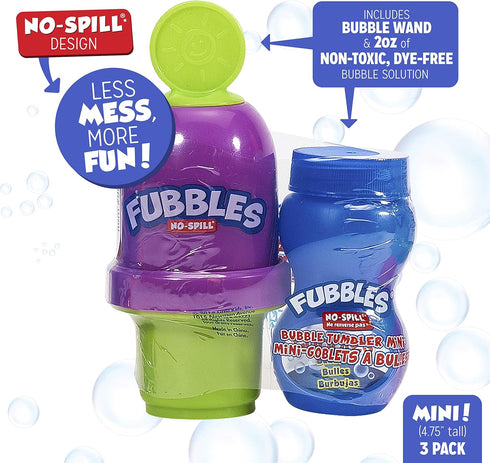 Fubbles Bubbles No-Spill Bubble Tumbler for Kids | Includes 6oz Bubble Solution & Wand (Pack of 3)