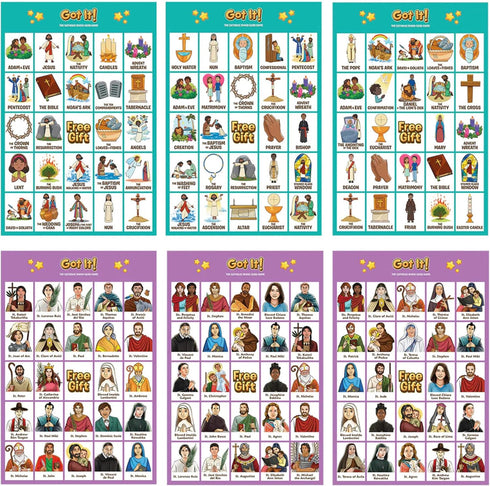 2-in-1 24 6+ Got It! The Catholic Bingo Game - Saints & Church Edition - Double-Sided Laminated Cards with Real Chips