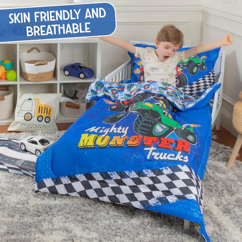 Set 4-Piece Sets Todays Kids Monster Trucks Toddler Bedding for Boys - Toddler Bed Comforter for Boys, Reversible