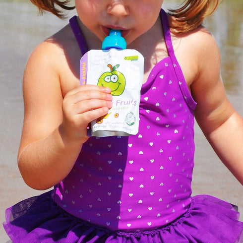 ChooMee SoftSip Food Pouch Tops, 4 Colors + Purple Case to Prevent Spills and Protect Child's Mouth