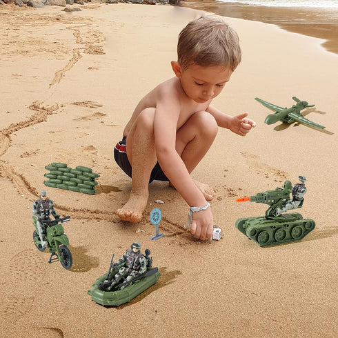 Army Toys Military Soldier Action Figures Set with Green Army Men, Rowboats, Motorcycles, and Accessories for Boys