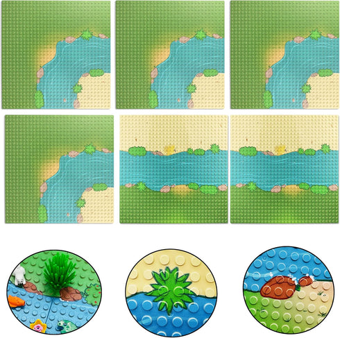 6 Pack Grassland Rivers Pattern Baseplate, 10" x 10", Building Brick Base Plate for Kids Toy