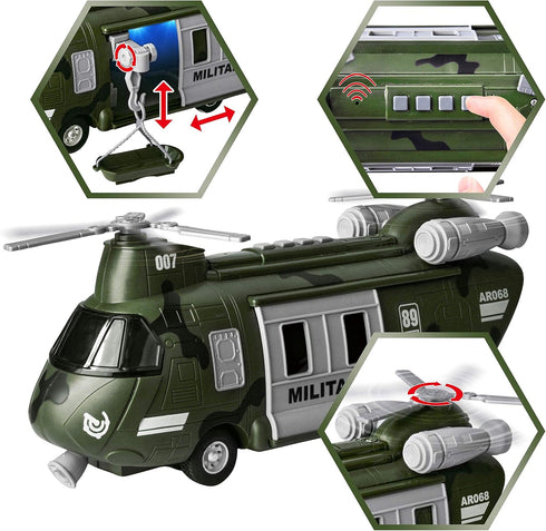 Set JOYIN Military Vehicles Toy of Friction Powered Transport Helicopter with Light and Sound Siren, and Soldier Army