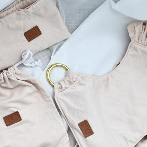 Stylish Beige & Gold Baby Carrier Wrap: Comfortable, Soft & Supportive, Adjustable Ring Sling for Mom & Dad, Ideal