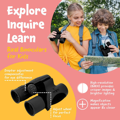 Think Peak Black Binoculars - Science Toy for Kids Ages 4-8, Compact Outdoor Adventure & STEM Educational Gift