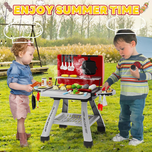 Toy BBQ Grill Set for Kids, Kitchen Toy Set with Smoke, Sound & Light for Outdoor Cooking Play