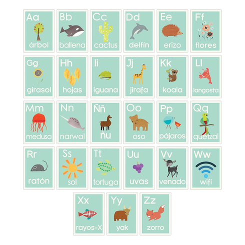 Spanish Alphabet Wall Cards 5x7, Blue Nature, Kid's Room Decor, Nursery Art, Gender Neutral