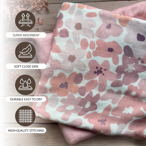 Set: (2-Pack) (2-Pack) 4-Piece Pink Floral Nursery Bedding Muslin Fitted Crib Sheets & Soft Newborn Swaddle Blankets