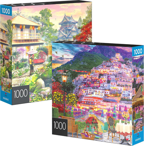 2-Pack of 1000-Piece Jigsaw Puzzles, Amalfi Coast & Japan Garden, Exclusive for Adults and Kids Ages 8+.