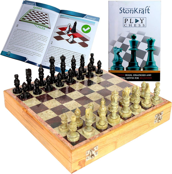 StonKraft 10" X 10" Chess Board Game Set with Wooden Base & Stone Inlaid Pieces
