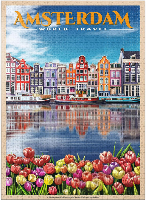 MyPuzzle Amsterdam, Netherlands - Vintage Travel Poster, Premium 1000 Piece Jigsaw Puzzle for Adults