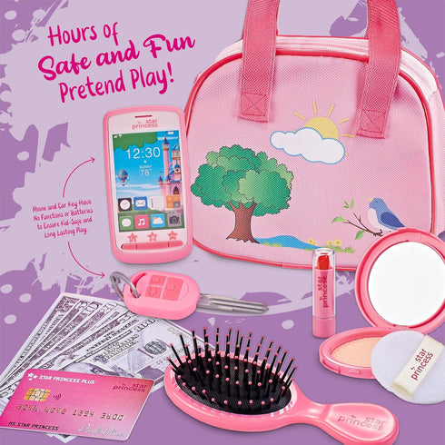 Toddler Play Purse for Kids with Accessories, Pretend Makeup, Keys, Smartphone, Dress Up Toy Purse