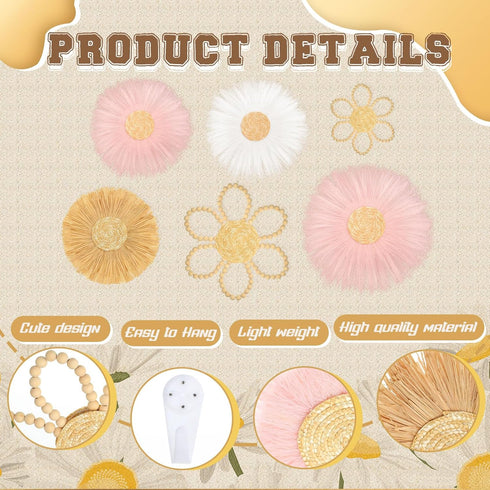 6 Soaoo Pcs Boho Nursery Decor for Girl Daisy Flower Woven Macrame Wall Hanging Bohemian Nursery Wall Decor Flowers