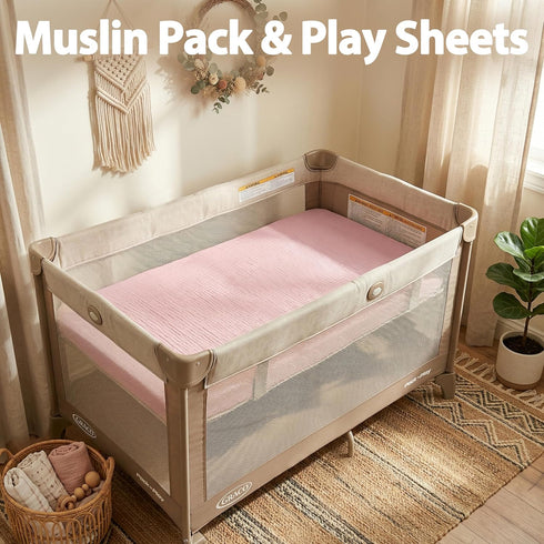 Pack 2 Pack Pro Goleem Muslin n Play Sheets for Girls, Soft Breathable Cotton Fitted Mini Crib Sheets, Baby Sheets