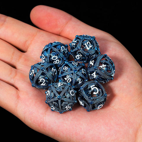 Unique Round Hollow Orb Metal DND Dice Set for Role Playing Games (RPG) - Stunning Blue Dragon Dice